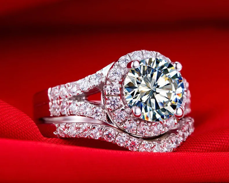 2CT Superb Sterling Silver Synthetic Diamond Rings Set Women S925 Wedding Classic Jewelry 18K White Gold Plated Halo Ring | Украшения и