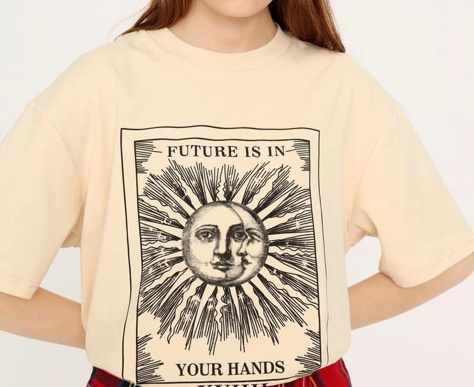 kuakuayu HJN The Future Is In Your Hands Sun And Moon Print Beige T-Shirt Vintage Fashion Grunge Style Tee Aesthetic Shirt