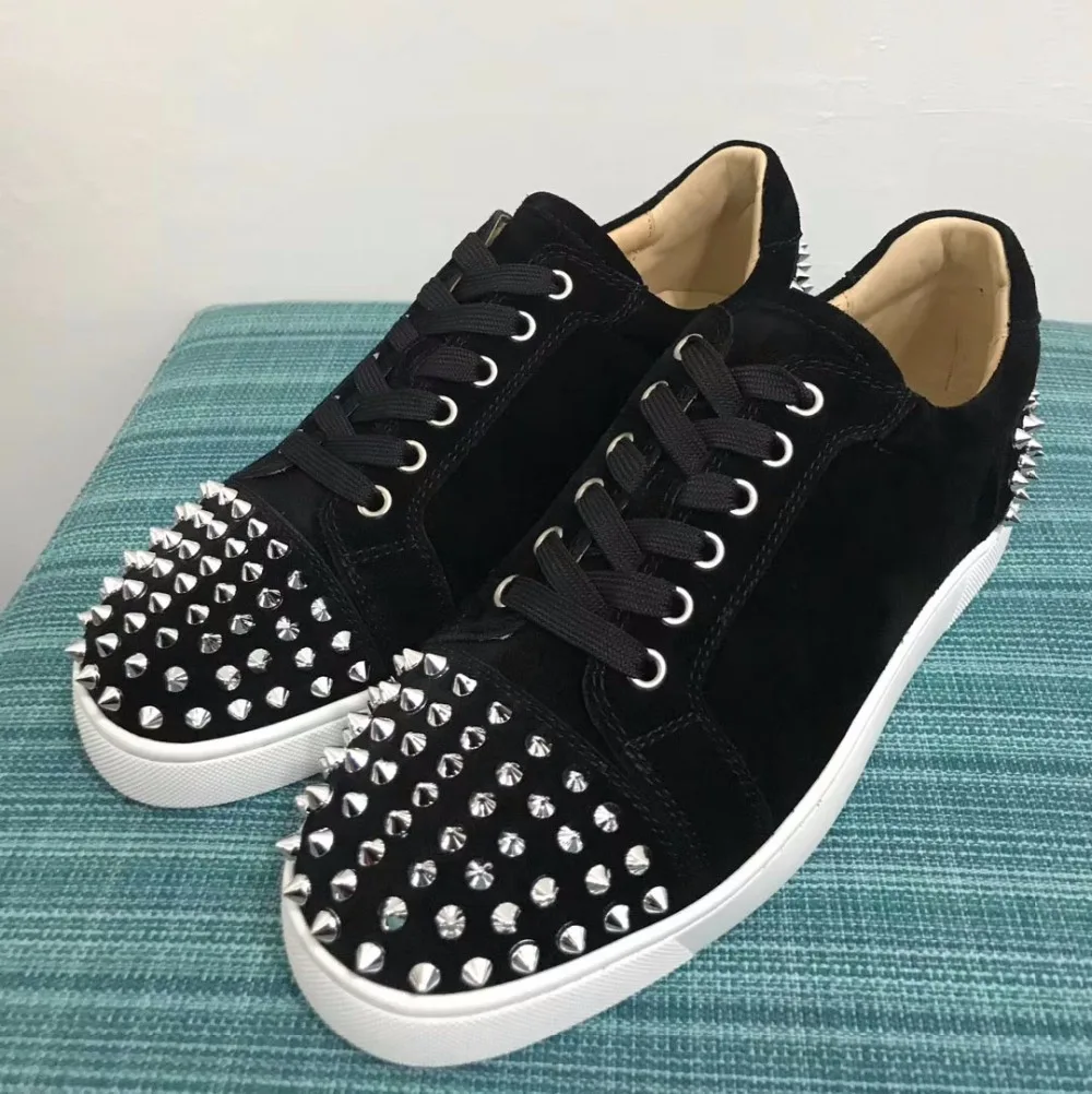 На шнуровке cl andgz кожа красный низ Low Cut Sneaker обувь черные замшевые Серебряный Шипы мыском и каблук повседневные модели плоские легкие кожаные туфли