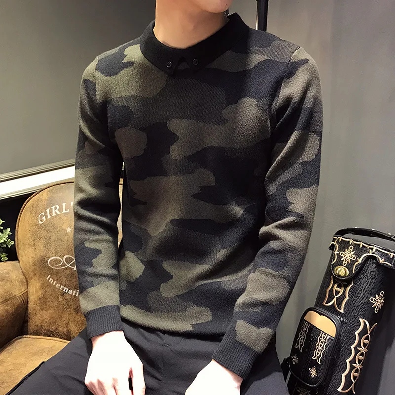 

Men's fashion camouflage lapel sweater winter new casual slimming warm knitted shirt man