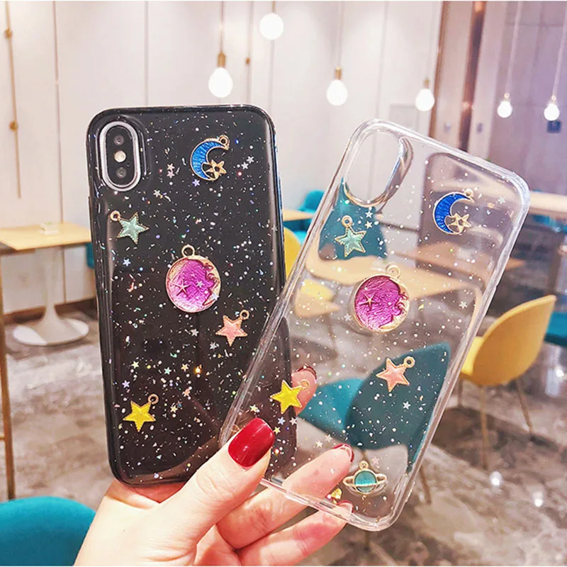 Черно-белый блестящий чехол из ТПУ со звездами и Луной для iPhone X прозрачный мягкий