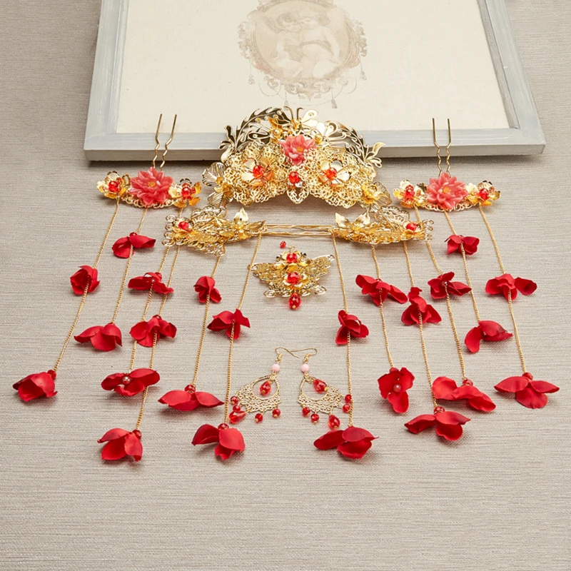 Китайский традиционный свадебный головной убор длинный красный цветок Кисточки