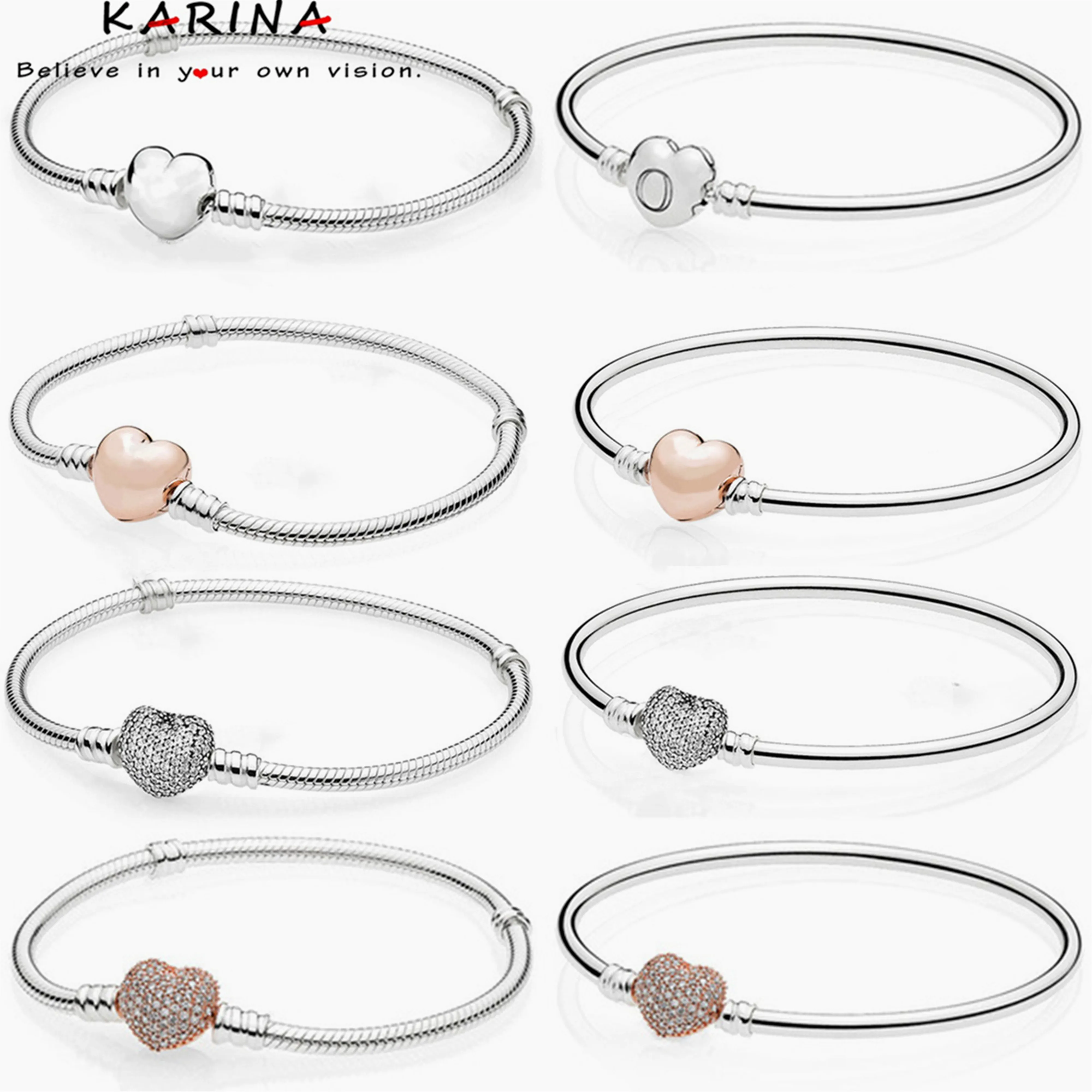 KARINA 925 Серебряный классический простой браслет в форме сердца простая Мода леди