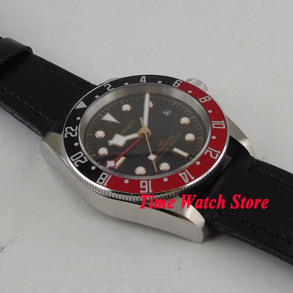 Роскошные качественные мужские наручные часы 41 мм Corgeut GMT, водонепроницаемые, для дайвинга, пилота, кожа, сталь, черный циферблат, красный сапфир, Автоматическая Дата 108