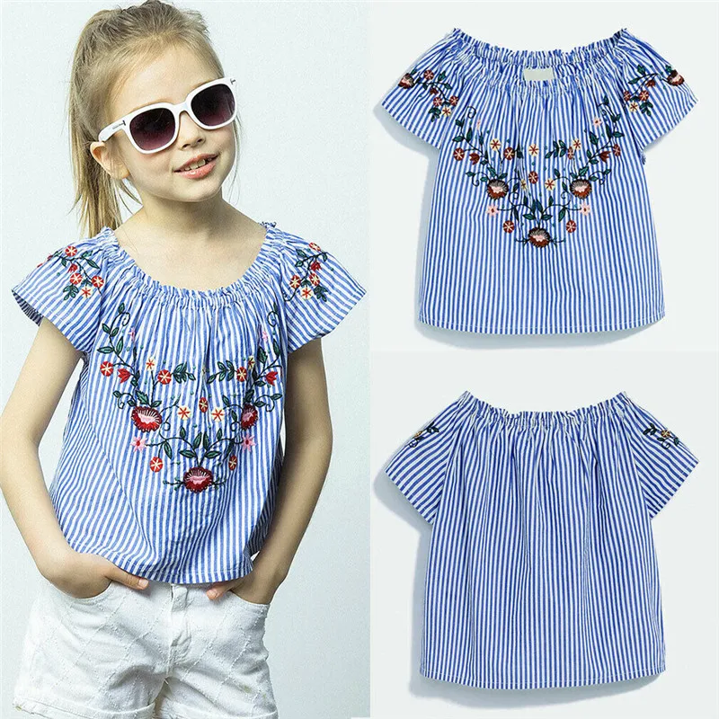 Топы для девочек полосатая футболка с вышитыми цветами маленьких одежда От 1 до 6