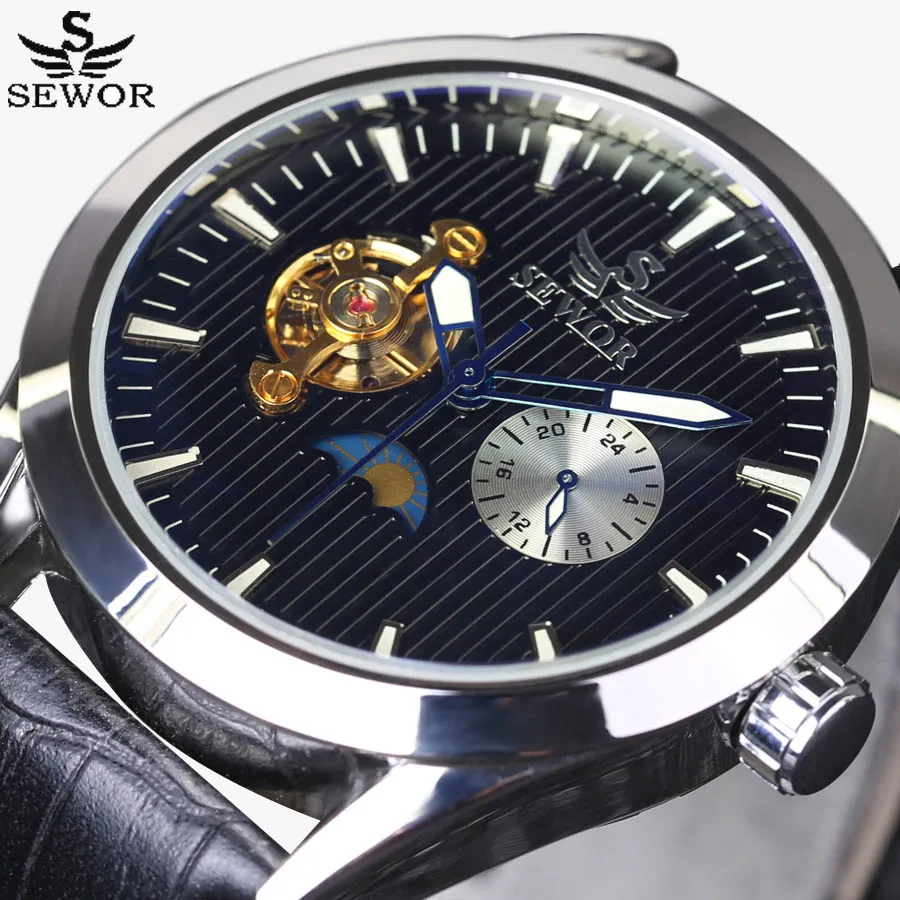 Лучшие Брендовые Часы Мужские автоматические часы tourbillon Moon Phase 24 часа/60 мин sub-dial кожаный ремешок Механические наручные часы