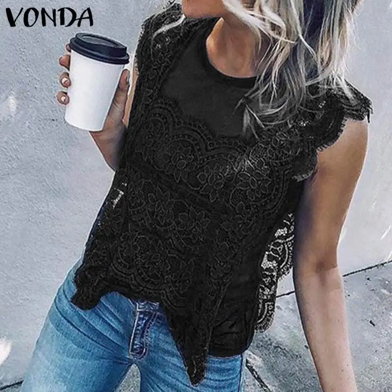 VONDA, летняя женская блуза с кружевными вставками, топы, сексуальные, без рукавов, для вечеринки, пляжные блузы, праздничная туника, женская рубашка размера плюс