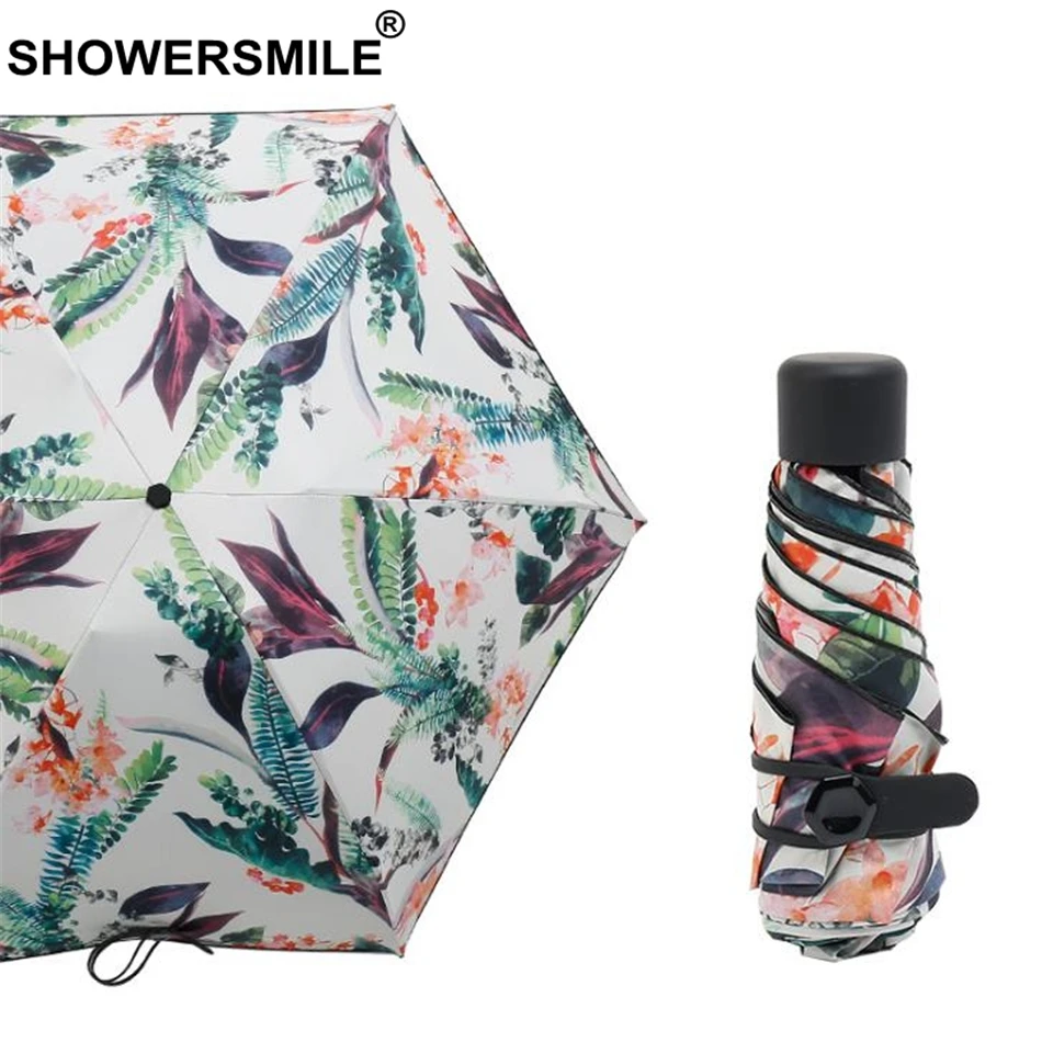 SHOWERSMILE легкий мини зонт с карманом женский принтом листьев Дамский Зонт 5 раз 190T