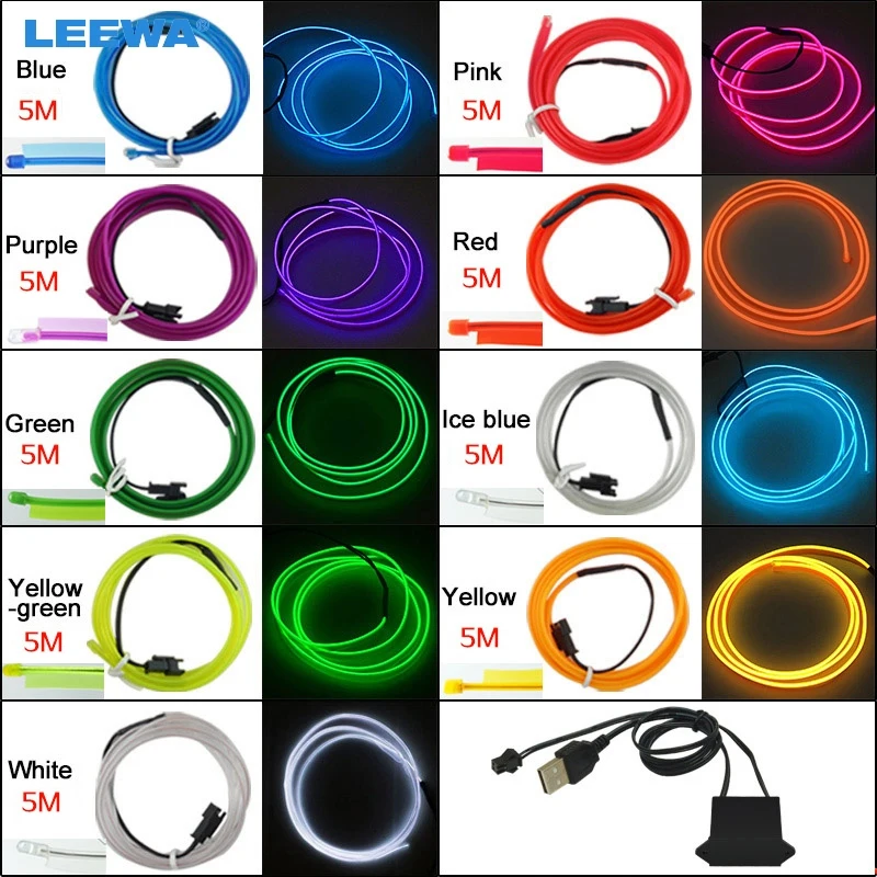 

FEELDO 9-color 12V USB Power Inverter 5M Car Flexible Moulding EL Neon Glow Lighting Rope Strip With Fin #CA5771