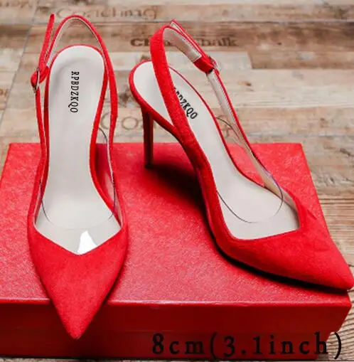 red 8cm Высокие каблуки ультра супер 11 43 Slingback 10 42 стилет черный Женская обувь марка ремень Плюс размер Pvc дизайнер экстремальный насосы Указательный палец китайская мода Китай Лето новая - Цвет: red 8cm