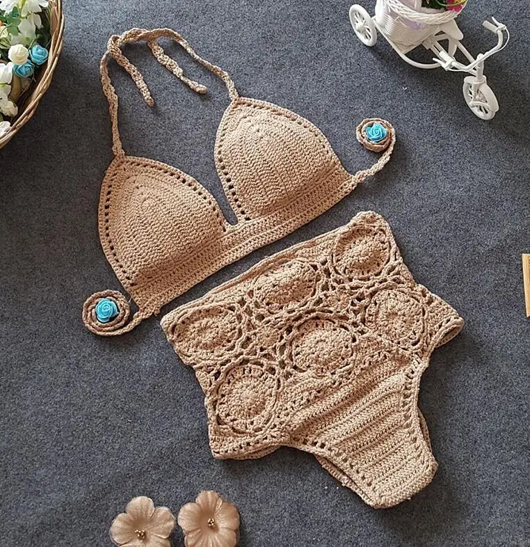 New Knitted Vacation Bikini Set Women High waist Halter Bikinis Bathing Suit Women Swimwear Bandage Female Biquini Swimsuit - Цвет: C color