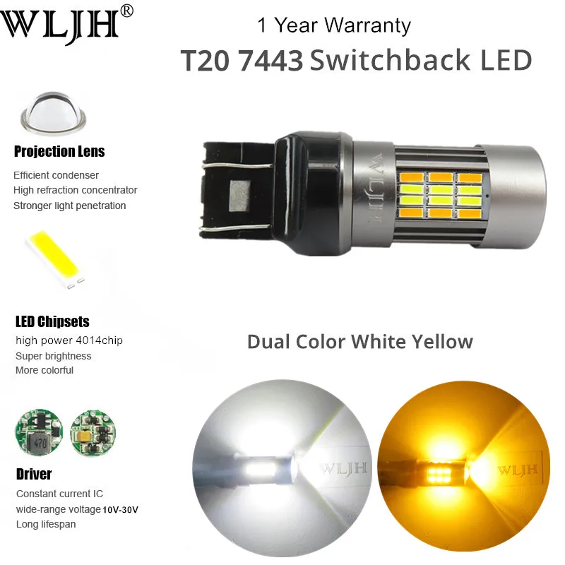 WLJH 2x горки Светодиодный лампа противотуманных фар белый Янтарный T20 7443