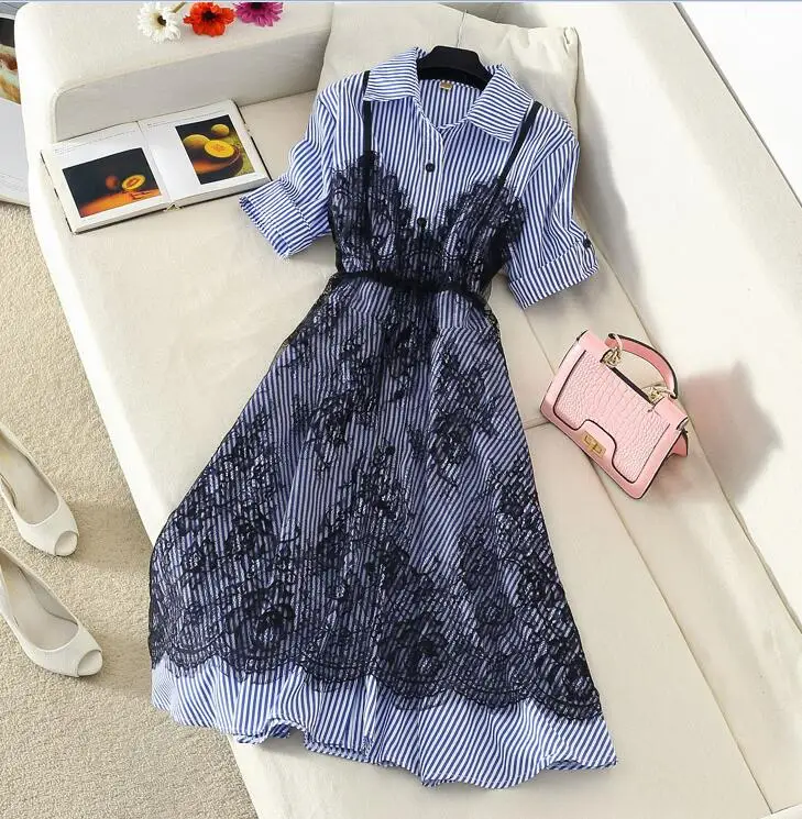 short sleeve Высокое качество, комплект из 2 предметов для женщин,, летнее Полосатое длинное платье-рубашка с коротким рукавом и сексуальное кружевное платье на бретельках, комплекты - Цвет: short sleeve
