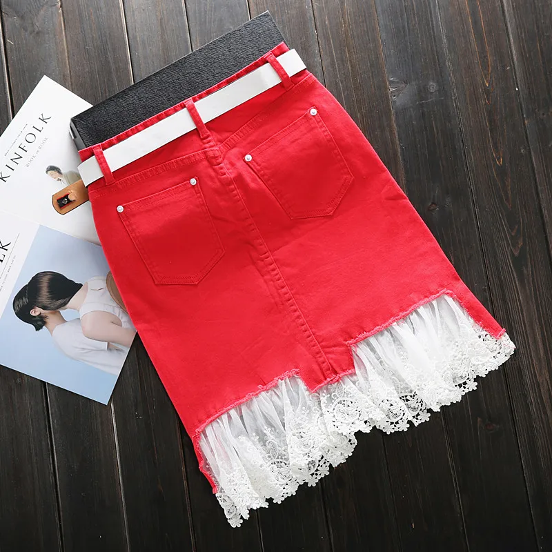 

Korean version denim skirt female high waist 2019 spring new skirt lace slim stretch red skirt H295