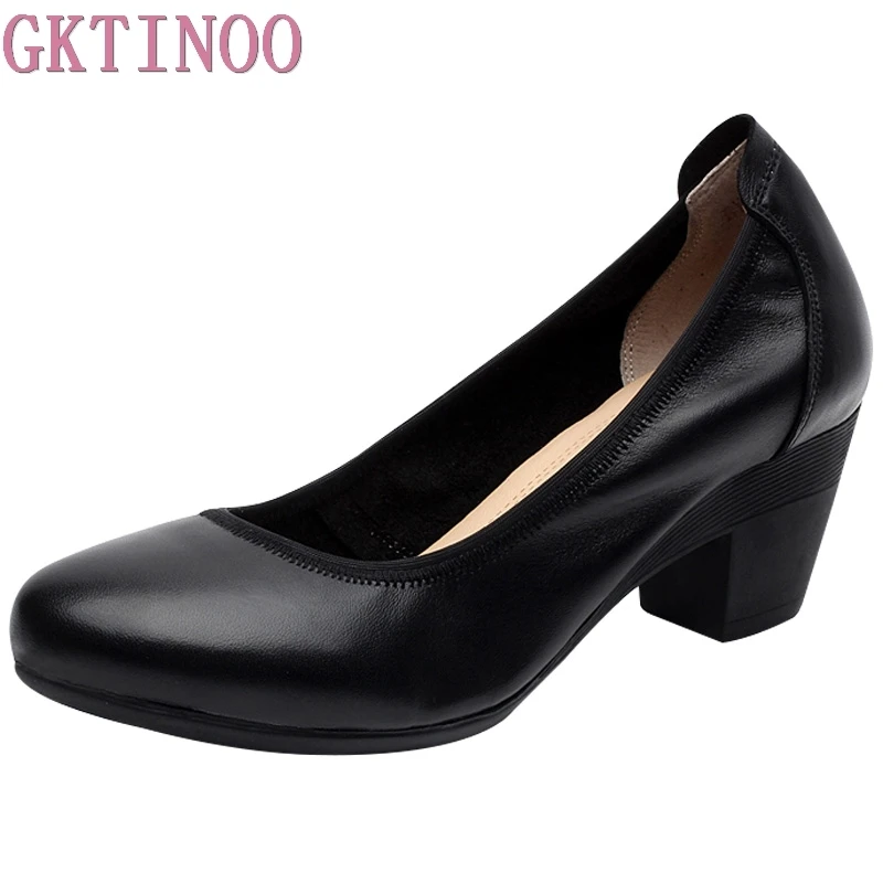 

GKTINOO 2023 Leather OL Women Shoes Thick Med Heels Lady Office Work Shoes Spring Autumn Shallow Pumps Plus Size 33-43