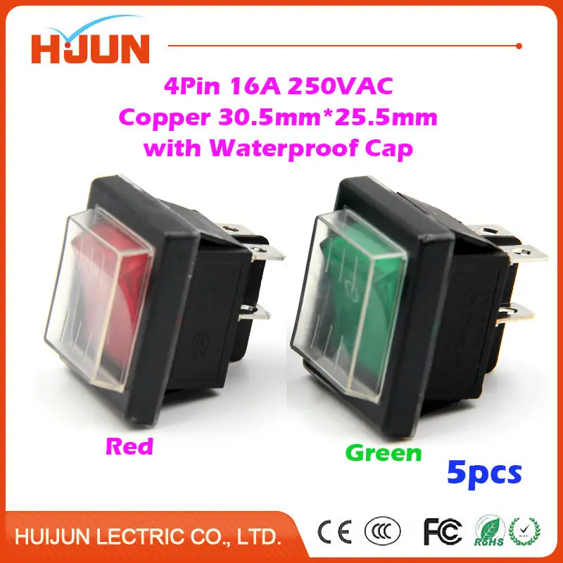 

5pcs 30.5*25.5mm 4Pin On-Off-On Copper Boat Rocker Switch with Waterproof Cap 16A 250VAC Red Green Light Car Dash Dashboard Home