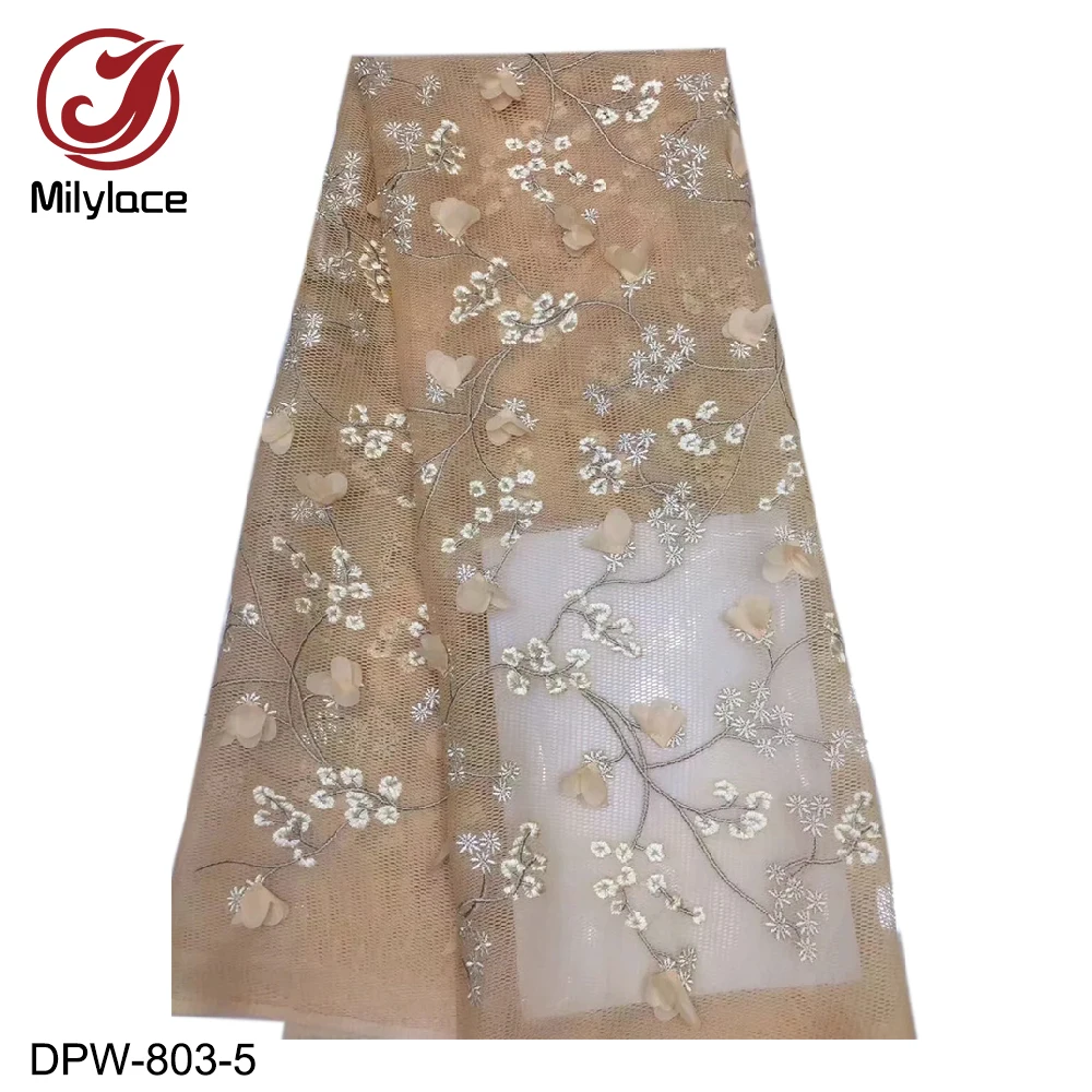 

Milylace latest French lace fabric 5 yards floral embroidery tulle lace fabric with appliques net lace for lady dresses DPW-803