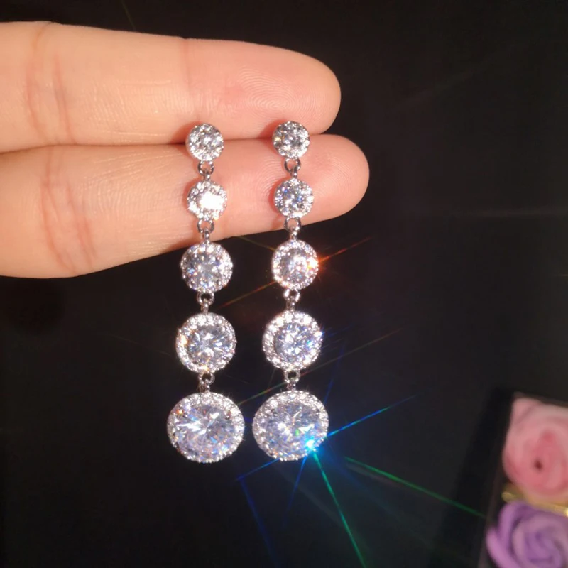 

Round Crystal Drop Earrings Bridal Wedding Jewelry with aaa Zircon Long Dangle Earrings Women Gifts