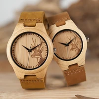 deer head design mens womens size bamboo wooden watches luxury wooden quartz watches with brown leather strap