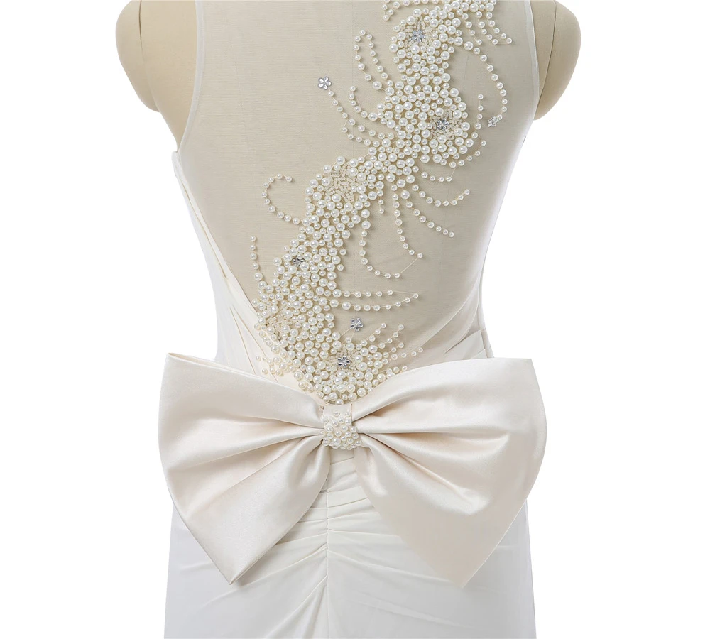 

Elegant Mermaid O-neck Floor Length Ivory See Through Pearls Long Evening Dresses Evening Gown Prom Dresses Prom Gown