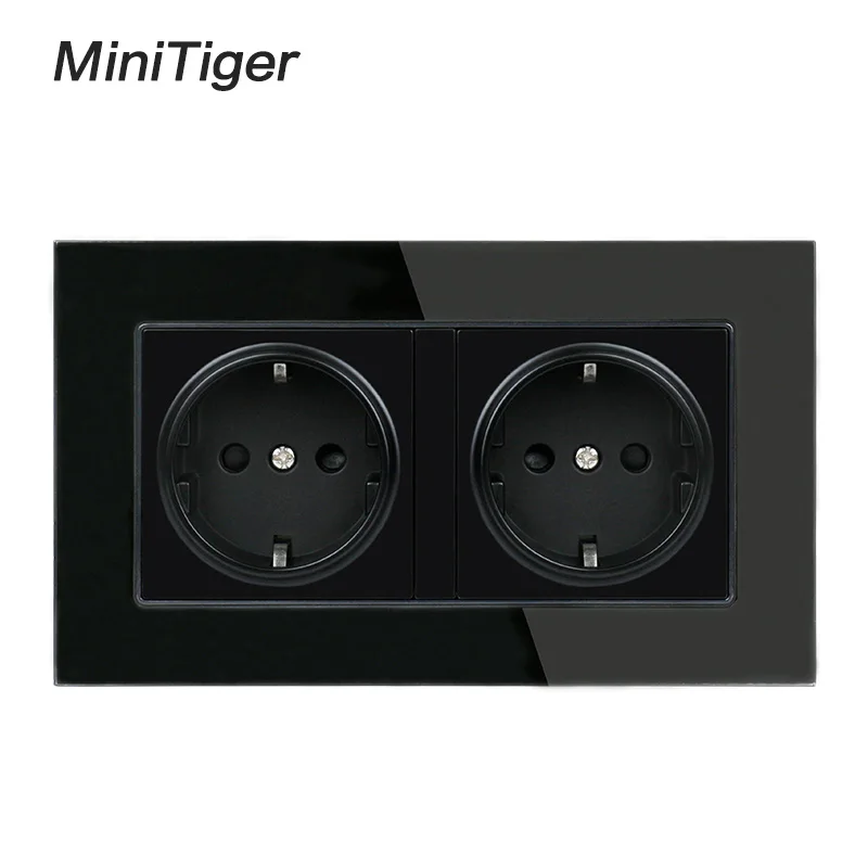Black Minitiger 16А двойная настенная розетка стандарта ЕС Хрустальная стеклянная панель розетка с заземлением с детской защитной дверью серый черный - Тип: Black
