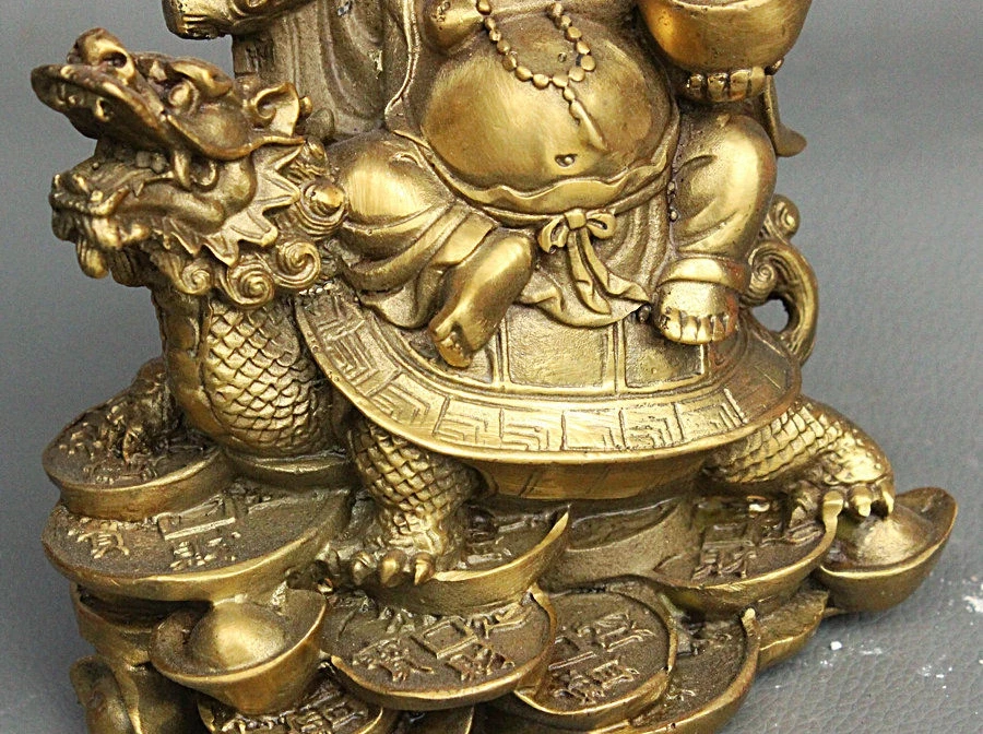 Китай латунь для богатства с юаньбао монетами Gourd Maitreya Будда езда статуя дракона