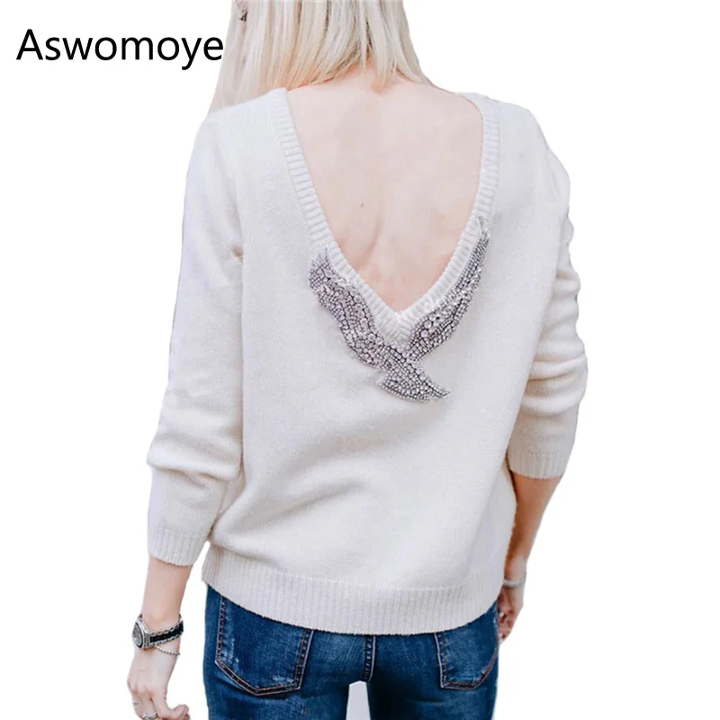 S-XL,, весенние новые модные женские свитера, полный рукав, v-образный вырез, бисер, Орел, алмаз, пуловеры, компьютерная вязка, для торжеств