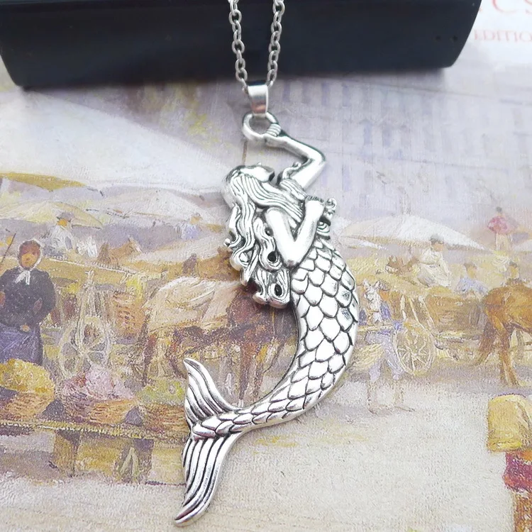 lovely mermaid Pendants Necklace Men/Women American Jewelry restoring ancient ways Antique Silver 45cm sweater chain 5pcs | Украшения и