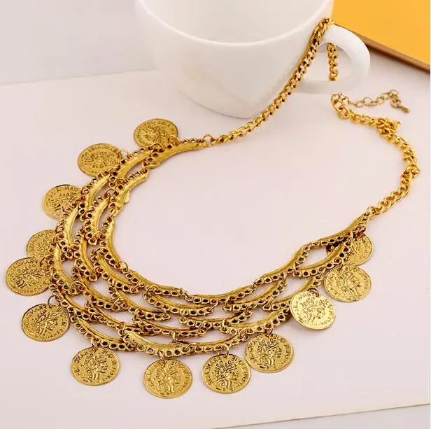 Gold Этническое Бохо большое длинное мощное богемное ожерелье с кисточками и монетами, s& Кулоны, колье, винтажное массивное ожерелье с воротником, женское ювелирное изделие - Окраска металла: Gold