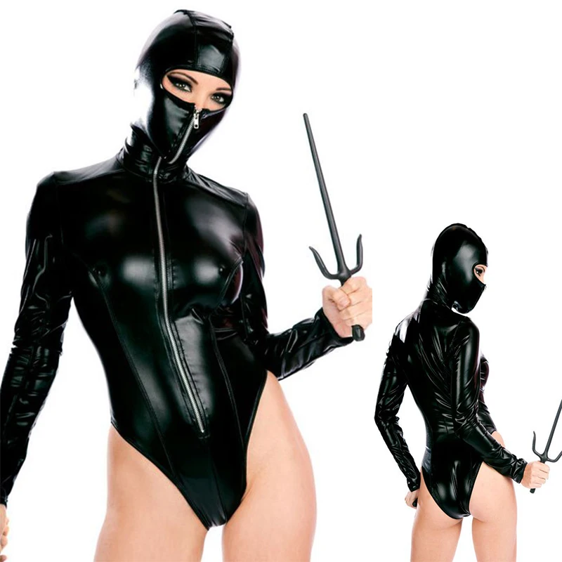

New High Quality Sexy Patent Leather Catsuit Halloween Sexy Ninja Cosplay Costumes Masked Woman Clubwear Sexy Lingerie Uniforms