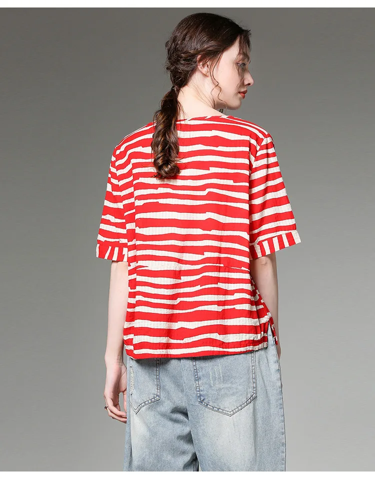 2019 Summer Cotton linen stripe tops round neck short sleeves juniors comfortable loose fit casual shirt cute plus size blouse | Женская