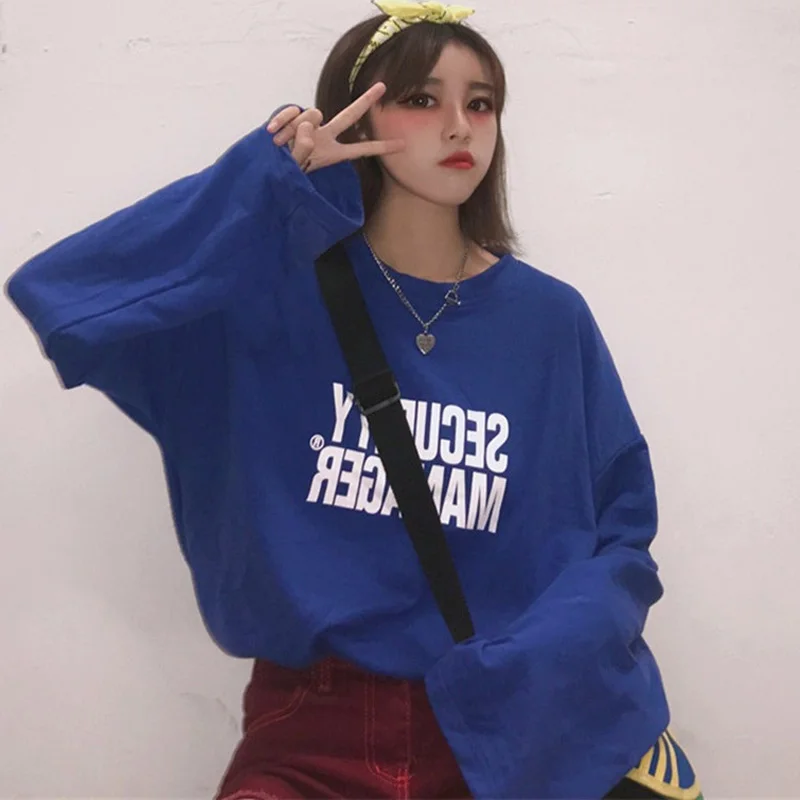 Корейская футболка в стиле хип-хоп, стрейчевая, harajuku, женские футболки, свободные, большие размеры, с буквенным принтом, с длинным рукавом, простые, подходят ко всему, синие Топы
