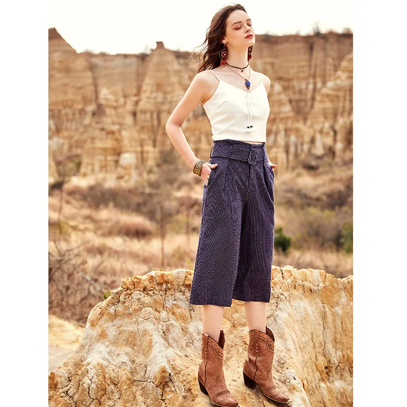 ARTKA 2018 лето новые женские богемные полоски широкие брюки винтажные хлопковые и