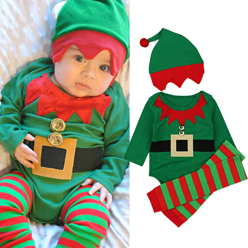 Drop Shipping Casual Spring and Autumn Boys Girls Christmas Long Sleeve Rompers One Piece sock anklets hats 3pcs Climbing Suit