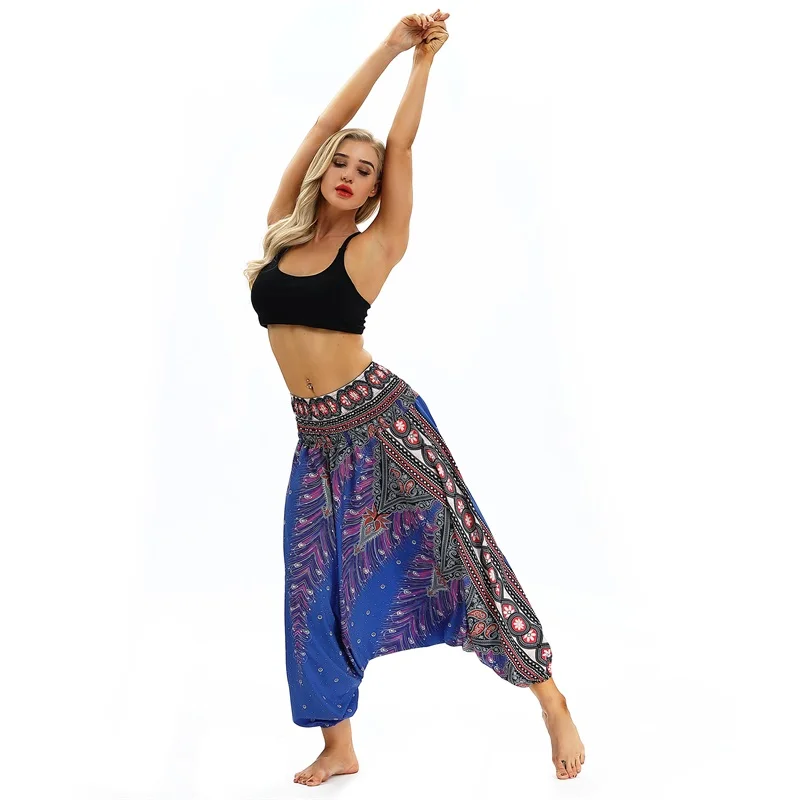 Новые летние пляжные богемные брюки женские шаровары с высокой талией 2018