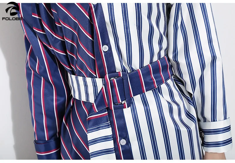 

FOLOBE Spring Autumn Long Sleeve Casual Shirt Dress Women Striped Sexy Dresses Female With Wide Belt Patchwork Clothing