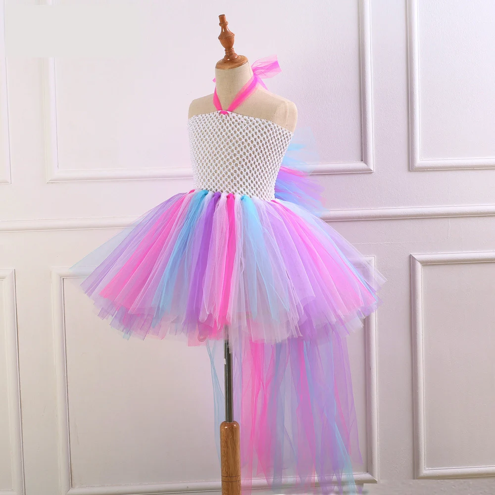Children Cosplay Halloween Costume Rainbow Mesh Tutu Dress Princess Birthday Party Wedding Kids Girls Dresses + Headband | Детская