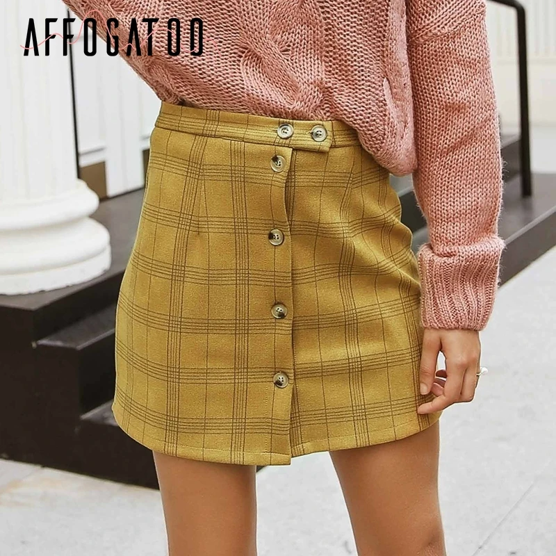Affogatoo желтая кнопка облегающая юбка-карандаш женские юбки в стиле casual плед мини-юбка трапециевидной формы с высокой талией зимняя короткая нарядная Пышная юбка