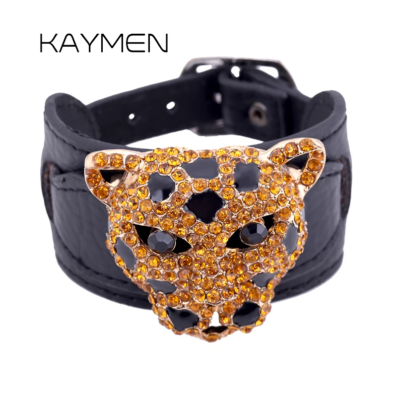 Модные полные стразы и кожа Bracelelt леопардовый рисунок головы браслет для женщин с