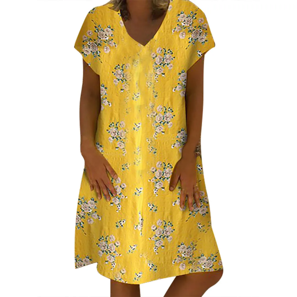 Женское платье до колена с v образным вырезом и коротким рукавом 3 вида цветов