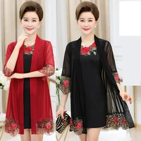 large size lady suit summer embroidered two piece set dress fashion sunscreen cardigan set thin coat middle age clothes 2167