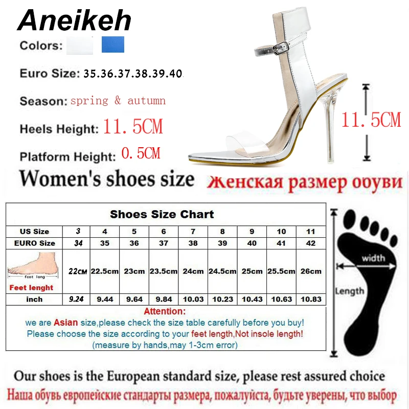Aneikeh/ г.; модные босоножки из ПВХ; женские туфли с острым носком на тонком высоком каблуке; прозрачные вечерние туфли серебристого и синего цвета; Размеры 35-40
