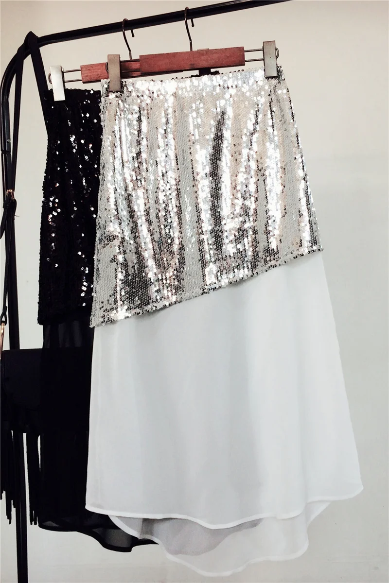 irregular sequins skirt women chiffon pathwork European new ladies personality stitching high waist skirts | Женская одежда