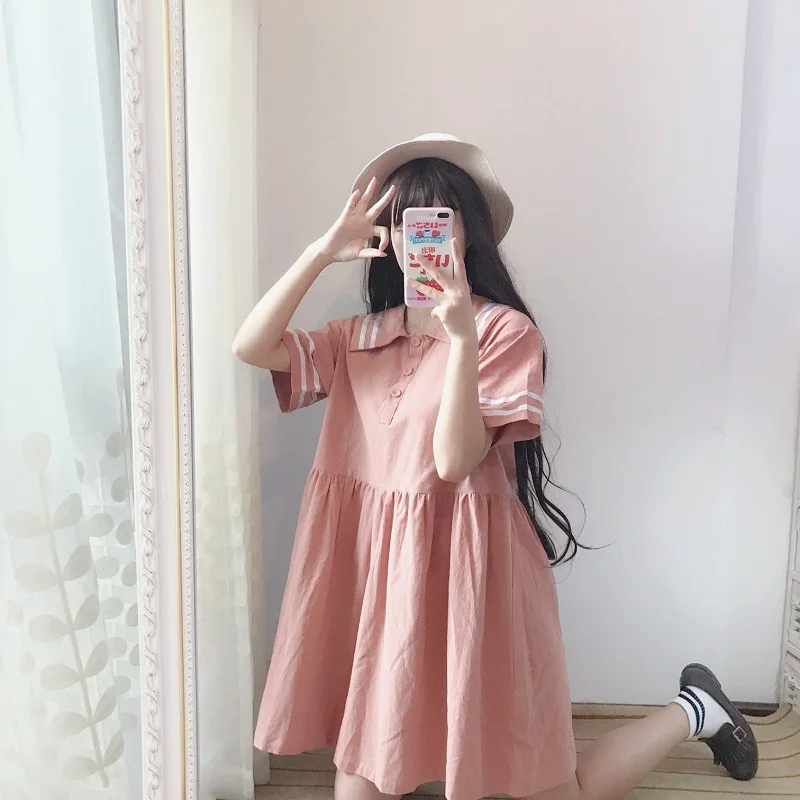 Японский розовый матросский цвет Kawaii платье для женщин весна осень сладкий вышивка лоскутное короткий рукав школьное платье T365