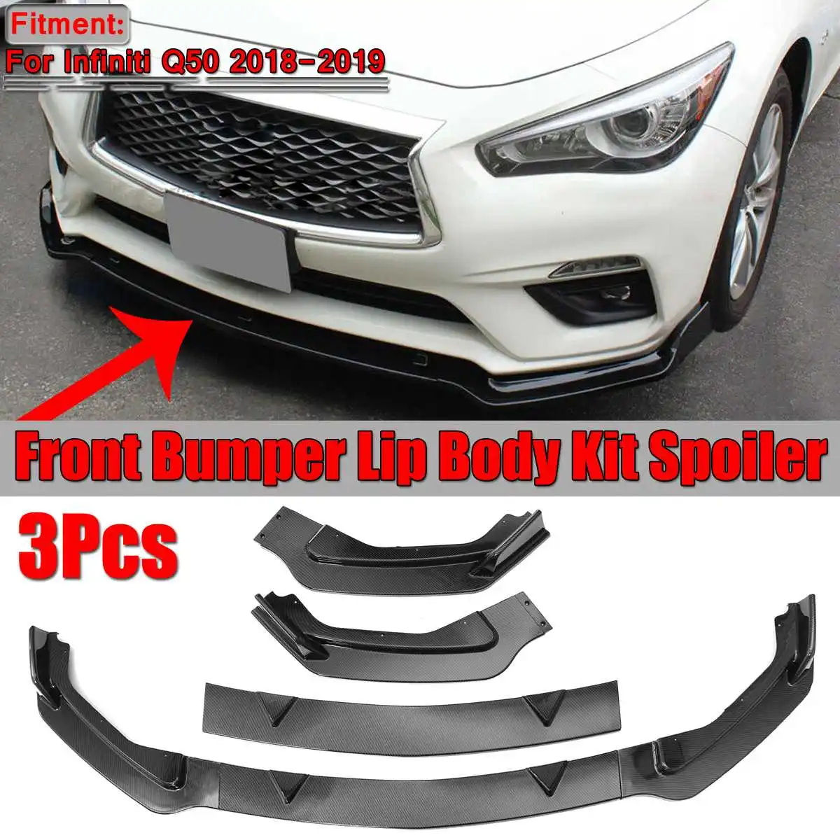 Carbon Fiber Look/Black Car Front Bumper Lip Body Kit Spoiler Bumper Splitter Diffuser For Infiniti Q50 Base Model