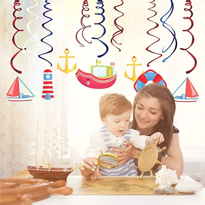 

Mediterranean Dangling Swirl Cruise Ship Sailboat Lighthouse Lifebuoy Anchor Ceiling Streamers Sailor Party Supplies