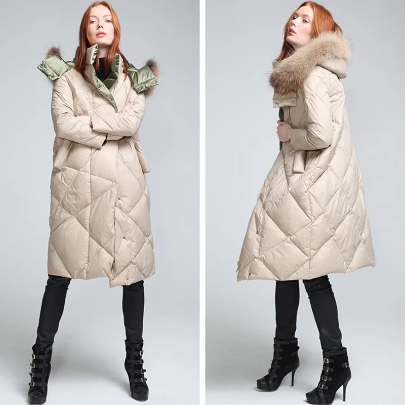 Пуховик с воротником из натурального меха енота 2016 Брендовое зимнее пальто