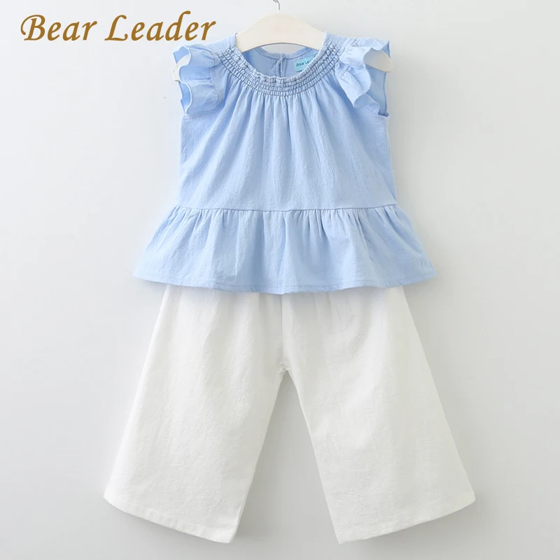 Bear Leader/комплекты для девочек г. Новая детская одежда рубашка без рукавов+ белые штаны Одежда для маленьких девочек из 2 предметов модные костюмы для девочек