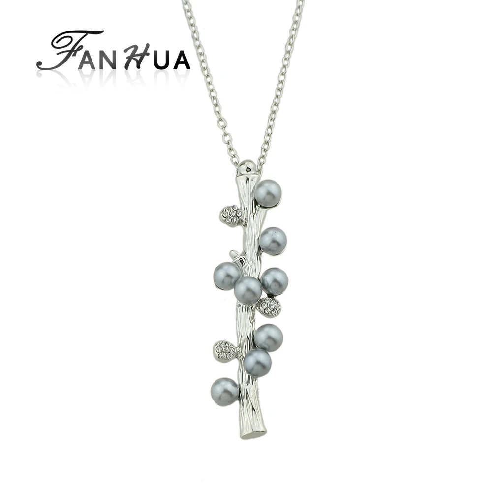 Украшение FANHUA серебристого цвета с длинной цепью, воротником, серыми и белыми подделочными жемчужинами и подвесками в виде узора ствола. Ожерелье для женщин.