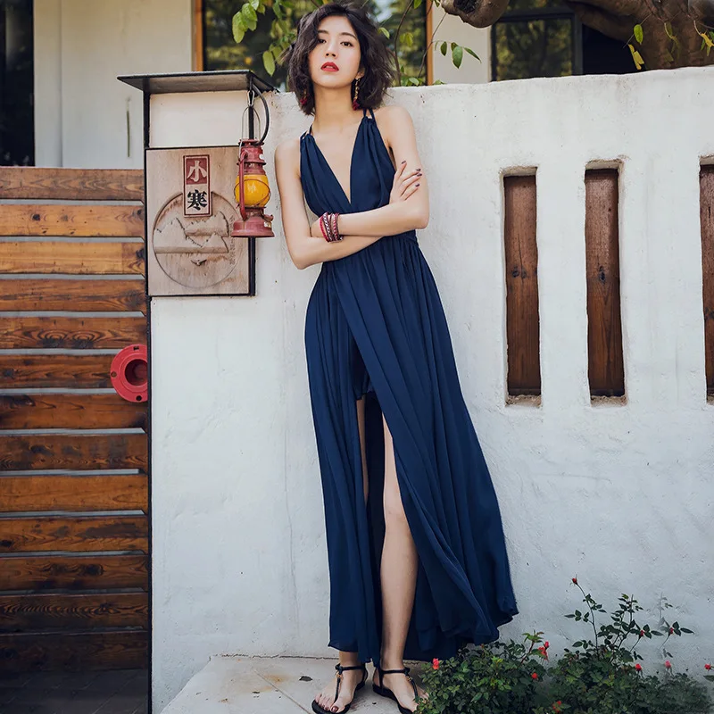 Однотонное модное богемное Макси женское платье с v-образным вырезом и поясом